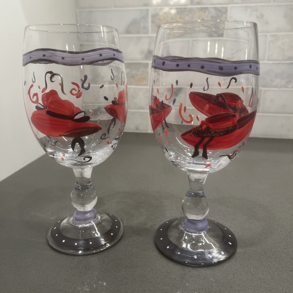 VINTAGE RED HAT LADY WINE GOBLET----HANDPAINTED----